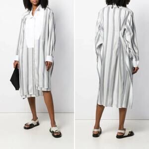 LOEWE Stripe Tie Waist Silk Shirtdress In Grey Size XS Asymmetric Oversized Chic